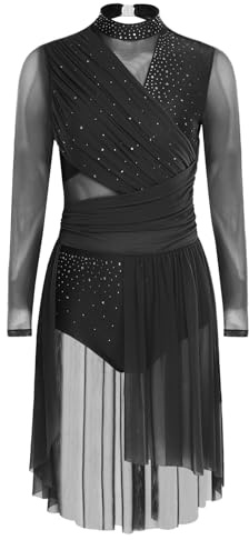 Freebily Robe Danse Lyrique Femme Ballet Robe Danse Moderne Contemporain Paillette Strass Tenue Patinage Artistique Costume Performance Noir L