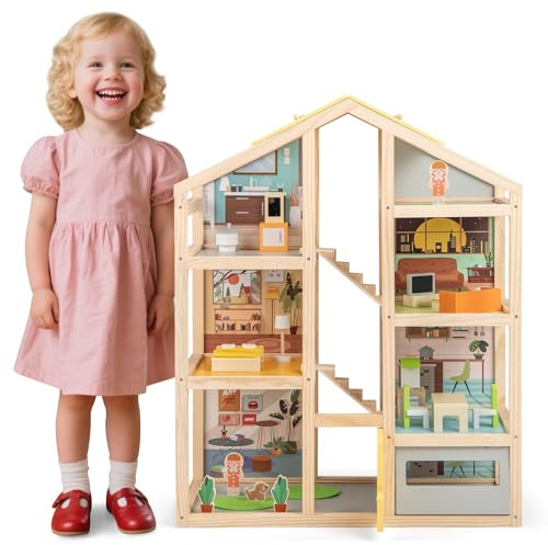 FANTASK Casa de muñecas de Madera, Multicolor con Muebles y Accesorios completos, 3 Pisos, casa de muñecas DIY con Garaje y Puerta Abierta, para niñas y niños a Partir de 2 años