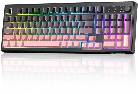 FREEWOLF K100 Teclado Gaming Inalámbrico Membrana RGB con Teclado Numérico, Conexión Bluetooth/2.4G Inalámbrica/USB-C Cableada, Teclas Grabadas Lado PBT Degradado, 4000mAh, para Mac/Win - Frambuesa
