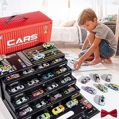 48 Mini Coches de Retroceso con Garaje Integrado, Coches de Carreras de Aleación Fundida a Presión con Pistas en Bucle y Caja de Almacenamiento – Juego de Mini Coches de Fricción Ideal for(Red)