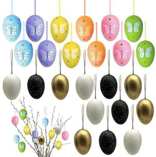 HhBdy 24 Pièces Oeufs de Paques, Oeuf de Paques 6 cm Pâques Décoration Plusieurs Modèles Oeufs Plastique Couleurs Vives Décoration de Pâques pour Articles de Fête Décorations Rembourrage pour Paniers