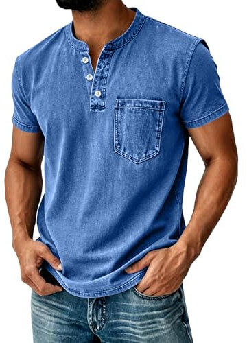 Herren Henley Shirt Kurzarm Männer 2026 Freizeit Vintage Slim Fit Leichtes Sommer T-Shirt mit Tasche