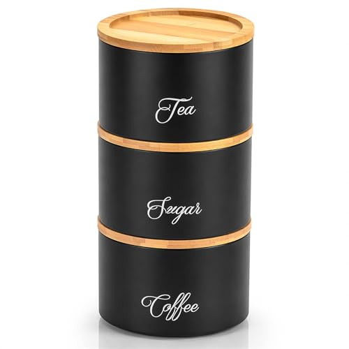 Innoteck Stackable Tea Coffee Sugar Canister Set, 3-Piece Black Kitchen Storage Containers with Airtight Bamboo Lids, Food Storage Jars for Countertop Organisation