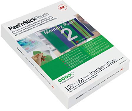 GBC selbstklebende Laminierfolien A3 125 mic, Peel'nStick, Robuste Laminiertaschen im 100er Pack, Glänzend, Transparent, Ideal für Büro & Schule, 3747236