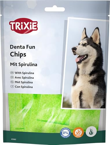 TRIXIE Hundeleckerli Denta Fun Spirulina Chewing Chips – 100 g | Zahnpflege-Kauartikel mit strukturierter Oberfläche – glutenfrei, ohne Zuckerzusatz, schmackhafte Belohnung fürs Training