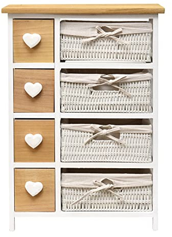 Rebecca Mobili Mehrzweckschrank aus Hoz Weidenkörbe, Badkommode Vintage, mit 8 Schubladen, Weiß, Griff Herzform – Maße: 71 x 51 x P 30 cm (HxLxB) - Art. RE4356