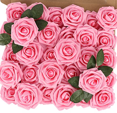 MACTING Artificial Flowers 30PCS Pink Fake Flowers with Stem Real Touch Soft Foam Roses Wedding Bouquet Table Centerpieces Party Bridal Shower Birthday Home Summer Decorations