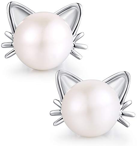 jiamiaoi Katzen Ohrringe Silber 925 Katze Ohrstecker Kinder Ohrringe Süße Katzen Perlenohrringe 925er Silber mit Süßwasser Perlen 7.5MM Schöne Katzen Katzenschmuck für Damen Mädchen