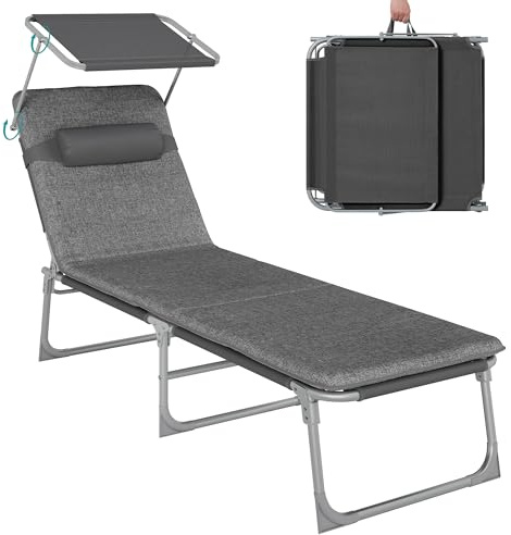 SONGMICS Sedia a sdraio pieghevole con materasso 3 cm - 193 x 53 x 29,5 cm - Capacità 150 kg - Paraluce - Schienale reclinabile - Giardino Piscina Terrazza - Grigio scuro GCB19UM