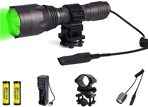 LUXJUMPER 20000 Lumens Green Light Torch, 350 Yards Green LED Predator Light Coyote Varmints Hunting Tactical Torches Waterproof with Pressure Switch, Picatinny Rail Rifle Barrel Mount