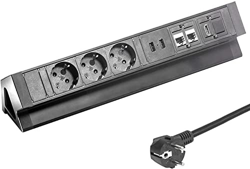 Elbe Inno Tischsteckdose für die Arbeitsplatte (3 Steckdosen & 2 USB & 2 RJ45), Mehrfachsteckdose für Küche und Büro, Steckdosenleiste aus Aluminium in schwarz Optik