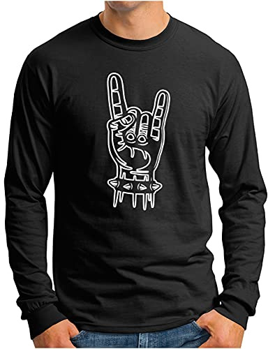 OM3® Metalhand Langarm Shirt - Herren - Rock Handzeichen Sign of The Horns - Schwarz, L