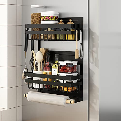 Klivien - 3 Ebenen Magnetische Kühlschrank Gewürzregal Multifunktional Hängeregal Kühlschrank Regal Abnehmbaren Gewürz Ablagen mit 4 Haken und Rollenhalter (Schwarz)