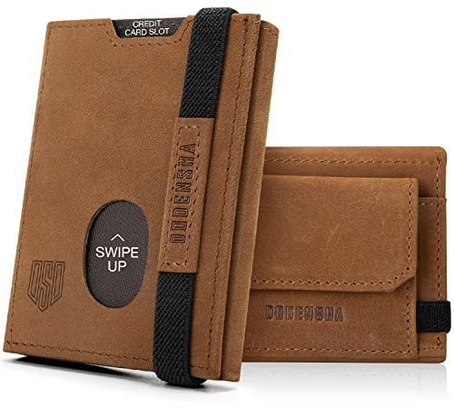 DODENSHA Carteras con Monedero, RFID Tarjetero Hombre,Regalo Billeteras con Cremallera 7 Ranuras para Tarjetas, 1 Ranuras para ID, Banda Elástica (Marrón Claro)