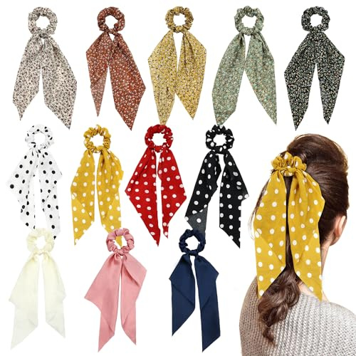 Cinaci Dehnbare Haargummis mit langer Schleife, gepunktet, elastische Haarbänder, Seide, Chiffon, Pferdeschwanz-Halter, Gummibänder, Zubehör für Frauen und Mädchen, 12 Stück