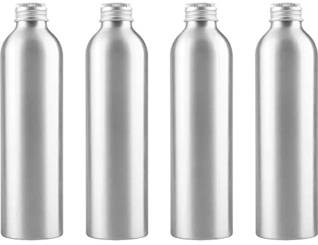 ZEOABSY 4 Pièces Flacon Aluminium Vides 250 ml, Bouteille Avec Bouchon Fileté Argent Pour Cosmétique Shampooing Salle de Bains Hôtel Voyage Rechargeables