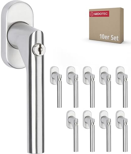 Gedotec 10 Stück Fenstergriffe Abschließbar Edelstahl matt - Drehkipp-Rasterolive mit Schloss & Schließzylinder - Abschließbare Fenstergriffe Design Fenster-Beschläge, Versperrbare Fenstersicherung