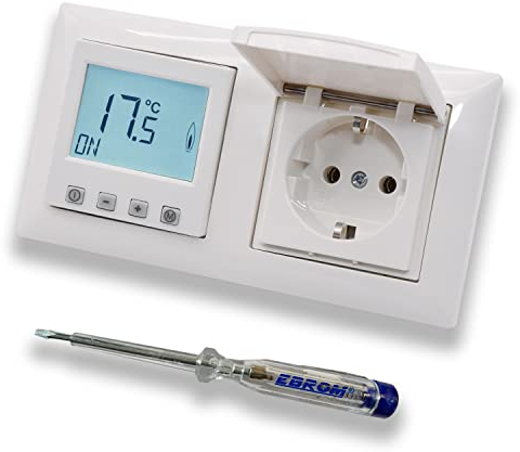 Halmburger Raumthermostat Raumtemperaturregler ERD-55rg DIGITAL in Busch Jäger Balance Si alpinweiß 2f Rahmen mit Klappsteckdose + EBROM Phasenprüfer zur Montage der Geräte ERD-55 (rg) Fußbodenheizung