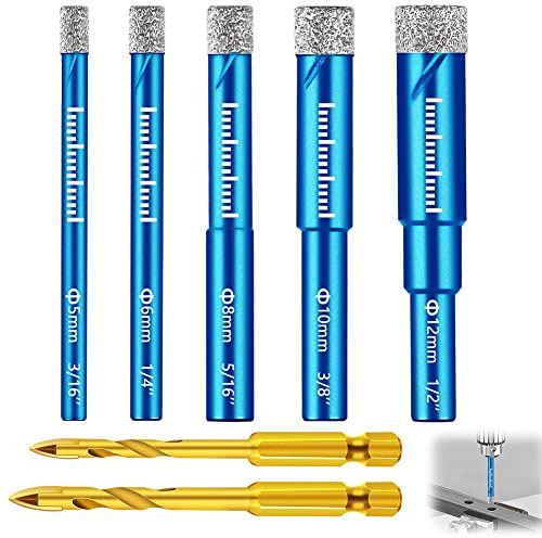 flintronic 7PCS Diamond Drill Bits, 5/6/8/10/12MM Porcelain Tile Drill Bit with 4/6mm Gold Carbide Drill, Hole Saw Set, Hex Shank Diamond Dry Drill Bits Sets for Porcelain Tile Ceramic Marble