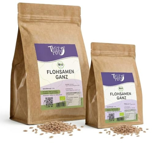 Tasty Pott Bio Flohsamen GANZ I Vegane Ernährung I Nahrungsergänzung I Ballaststoffreich I 99% Reinheit I Pflanzliches Eiweiß I Superfoods I Müsli I Porridge I Im Beutel 1000g