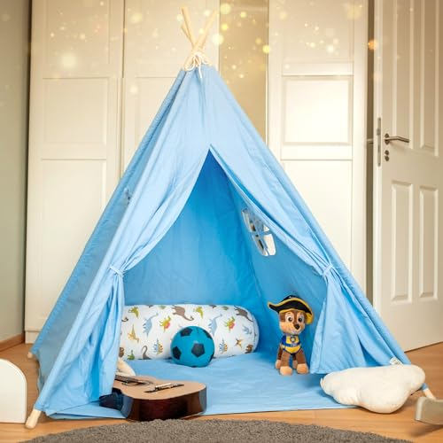 ALRITHO® Tipi Zelt für Kinder aus Baumwolle inkl. Kuschelmatte, Tragetasche & Stabilisator | Spielzelt [hellblau] | Spielhaus für drinnen & draußen | Teepee Kinderzelt für Jungen & Mädchen