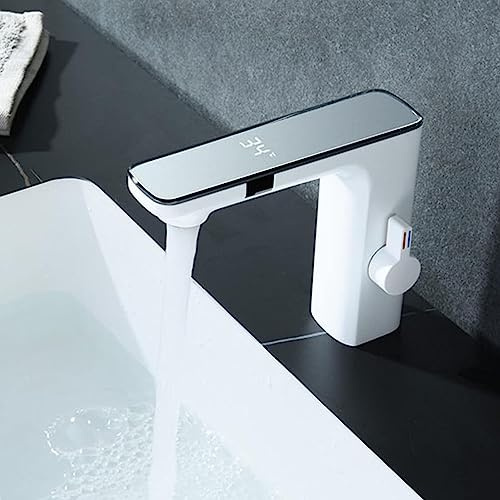 Yalsfowe Infrarot Sensor Wasserhahn Bad mit Temperaturanzeige, Automatische Mischbatterie für Badezimmer, Waschtischarmatur aus Zink in Weiß