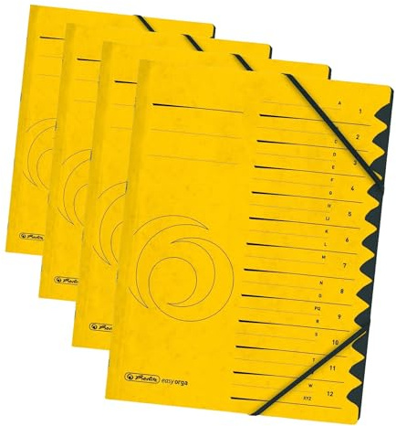 herlitz 10843340 Ordnungsmappe Quality 1-12, A4, gelb, 12 Fächer mit Gummizug, 1 Stück (Packung mit 4)