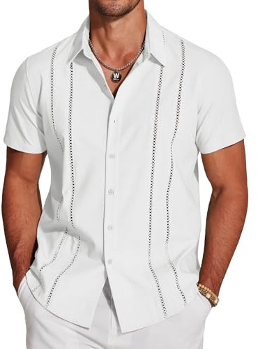 COOFANDY Men's Summer Shirts Short Sleeve Button Up Shirts Casual Linen Shirt Cuban Guayabera Shirts A-White
