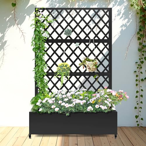 FENCY Metal Planter Box with Diamond Lattice Trellis Planter Box for Climbing Plants/Vines, Galvanized Raised Garden Bed On Wheels, Garden Bed with Trellis(73x47 Black)