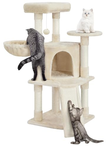 Yaheetech Klösträd 107 cm, stabilt klösträd, klätterträd, med kattgrotta, klösbräda, plysch sisal, kattmöbler, beige