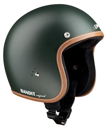 BANDIT Jet Premium Open Motorcycle Helmet Matte Green Leather Profile Custom Biker Style Visor Included Dull Green Open Helmet JETPGR (S)