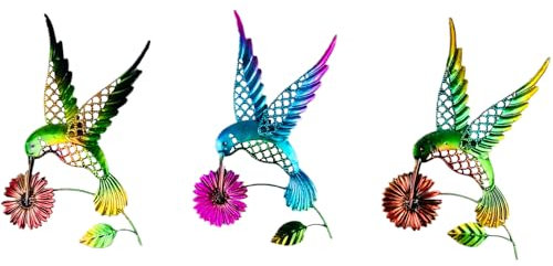 3 Stück Metall Kolibri Wandkunst Dekor mit Metallblume Wanddekoration Outdoor Wandkunst Metall Vögel Wandskulptur Dekoration Hängende Kunst für Innenzaun Garten Hof Terrasse Dekor