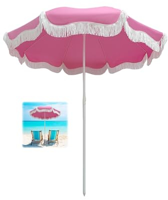 ELZEM 180cm Gartenschirm Groß Mit Quasten Rosa Strandschirm Windfest Stabil Sonnenschirm Neigbar Balkonschirm UV Schutz Terrassenschirm Mit 8 Rippen Höhenverstellbar Für Balkon Garten Terrasse Strand