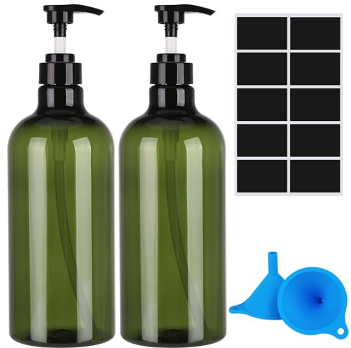Pump Bottle Dispenser,2 Pcs 1000ml/35oz Refillable Empty Press Pump Bottles,Refillable Plastic Empty Pump Bottles Dispensers with Funnel and Label for Lotions,Shampoo,Conditioner,Green