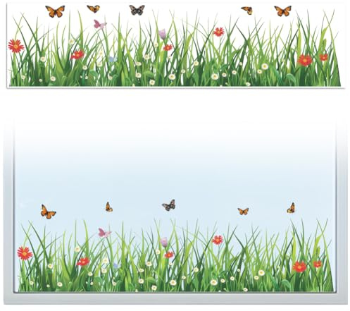 Peacoblue 120x30cm Große Fensteraufkleber Vogelschutz für Glasscheiben Gras Und Schmetterlinge,1 Stück Fenstersticker Vogelaufkleber für Fensterscheiben Aufkleber für Glasfenster Dekoration | Doppelseitiger statischer Fenstersticker selbstklebend,Wasserfest und abnehmbar für Klassenzimmer,Glasfenster Dekoration