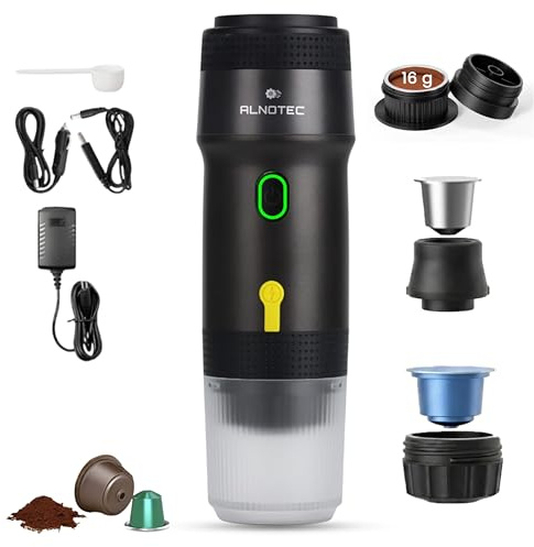 ALNOTEC Machine à Café Portable Expresso 20 Bars Rechargeable, Auto chauffante, Compatible Capsules NES®, DG® et Café Moulu, 2 Adaptateurs Café Moulu 8g/16g, Chargeur USB, Voiture et 220V (NOIR)