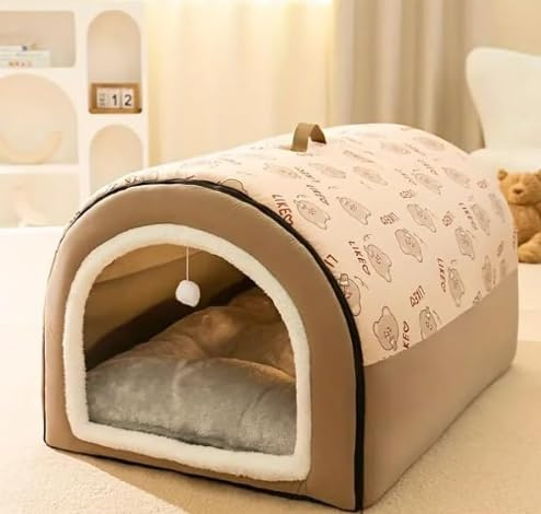 Cozy All-Season Pet Bed for Dogs & Cats - Filled Indoor/Outdoor Dog House, Warm home for Small to Medium Breeds, Comfortable Kennel Shelter with Bear Design