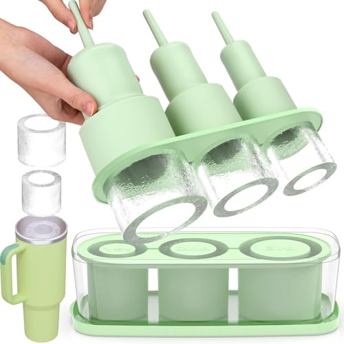 Zikenis Molde de Hielo para Stanley Cup,Molde de silicona para cubitos de hielo Stanley,Bandeja con 3 Cilindricos Huecos,accesorios de 20-40 onzas,Molde de Silicona para Hielo con Tapa (Verde)