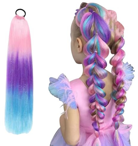 Haarverlängerung Zopf Extension mit Haarband Glitzer HaarsträHnen 9 SträHnen Bunte HaarsträHnen Kinder 26 Inch Dreads zum Einflechten für Mädchen Frauen