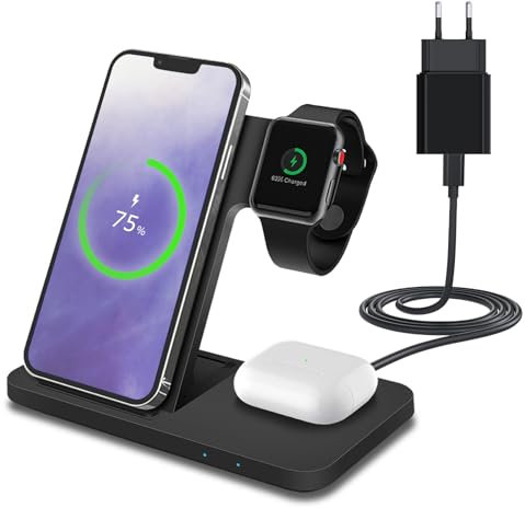Chargeur sans Fil pour iPhone, Apple Watch et AirPods par MMOBIEL - 18W Support de Charge sans Fil 3 en 1 pour MagSafe - Station d'accueil pour Charge Rapide sans Fil - Adaptateur 20W Inclus - Noir