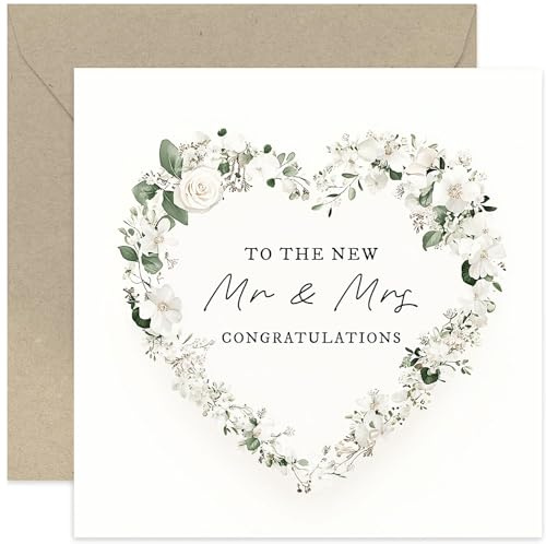 Premium Square Wedding Card - White Botanical Floral Wreath Design - Congratulations for Mr and Mrs, Husband and Wife, Newly Weds - Keepsake - Celebrations - Blank Inside
