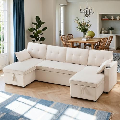 Zubaliya Sofá cama con función de dormir acolchado, esquinero convertible de 4 plazas en U, relajado, tejido de algodón y lino, con portavasos, dos espacios de almacenamiento