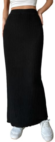 Duyeuau Gonna lunga aderente in maglia elastica a costine tinta unita casual a vita alta gonna a matita invernale Midiskirt per le donne, Nero-S, S