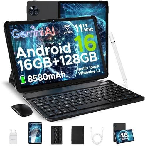 DOOGEE U11 Android 16 Tablet 11 Pollici, 16GB+128GB/2TB TF Tablet con Tastiera, 90Hz, 8580mAh, 7.9mm Thin, Unisoc T7200 Octa Core/13MP/Widevine L1/Face ID, Tablets con Penna & Mouse & Case - Nero