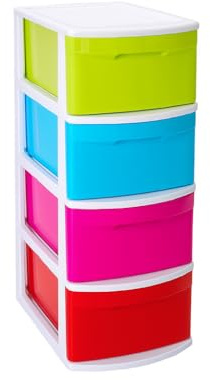 4 Drawer Plastic Storage Tower – Multicolour Chest Unit for Home, Office, School, Bedroom or Classroom Organisation (Dark Multi Colour)