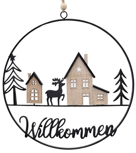 Metallring Winterdorf: Willkommen-Türkranz aus Metall & Holz Weihnachten, Winterdeko, Weihnachtsanhänger, Weihnachtlicher Anhänger Tür, Wand & Fenster, Weihnachtliche Deko, Metallanhänger, Ø 20 cm