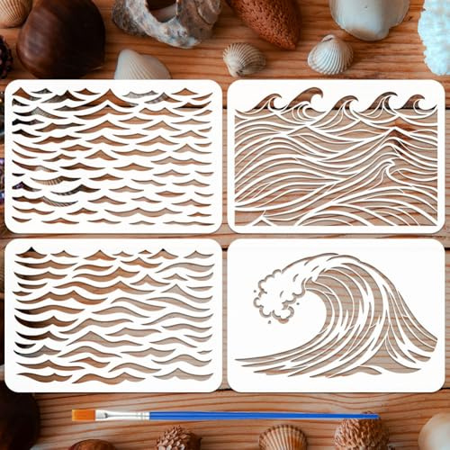 FINGERINSPIRE 4 Stück Wellenschablonen Mit Pinsel 21x29.7cm Meereswellenschablonen Ozeanwellenschablone Verdickte PET Kunststoffschablone Ozean Themenvorlage Zum Malen Auf Holzwänden Und Möbeln