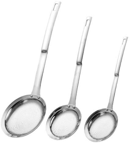 Uonlytech Setaccio da Cucina in Acciaio 304 a Maglie Fini Colino Filtro Alimenti Manico Antiscottatura Set 3 Pezzi Grande Medio Piccolo per Uso Domestico e Ristorazione