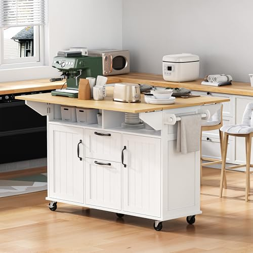 Kelodan Isla de cocina con ruedas, mesa de comedor extensible, isla de cocina móvil con cajones y toallero, carrito de cocina móvil con regletas, ideal para cocina y comedor (blanco)
