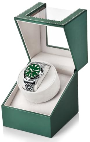 TOPWAY Automatic Single Watch Winder: 1 Slot Green Leather Winder Box with Japanese Quiet Motor - Hobby Gift for Women and Men Mechanical Watch, Type-C Cable or Battery Powered